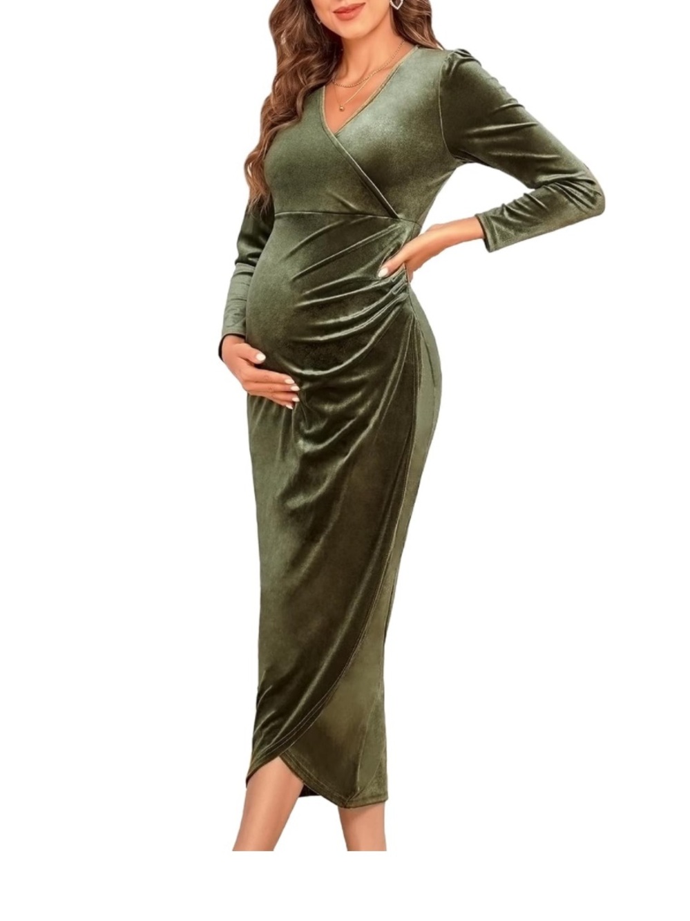 AISWI Velvet Maternity Cocktail Dress Long Sleeves Pregnancy V Neck,Olive Green - Picture 2 of 7